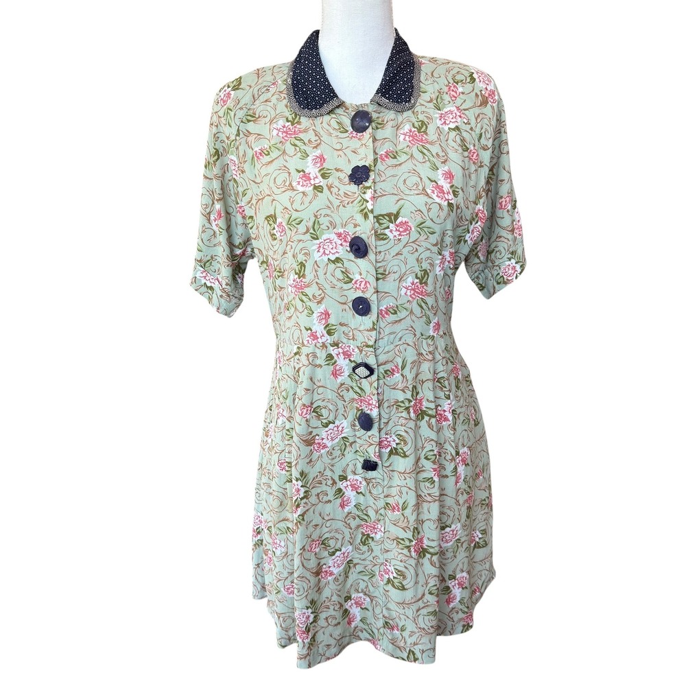 Lolita West by Foxtrot Vintage‎ Floral Button Front Dress Sage Green Cottagecore